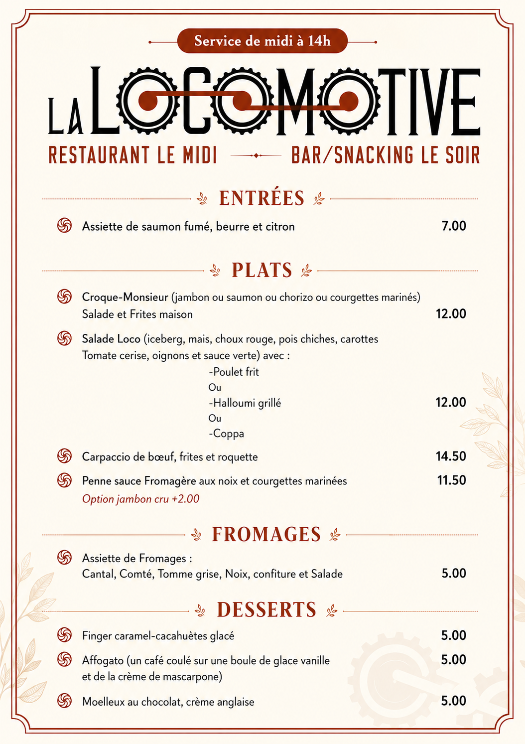 Menu du restaurant de La Locomotive