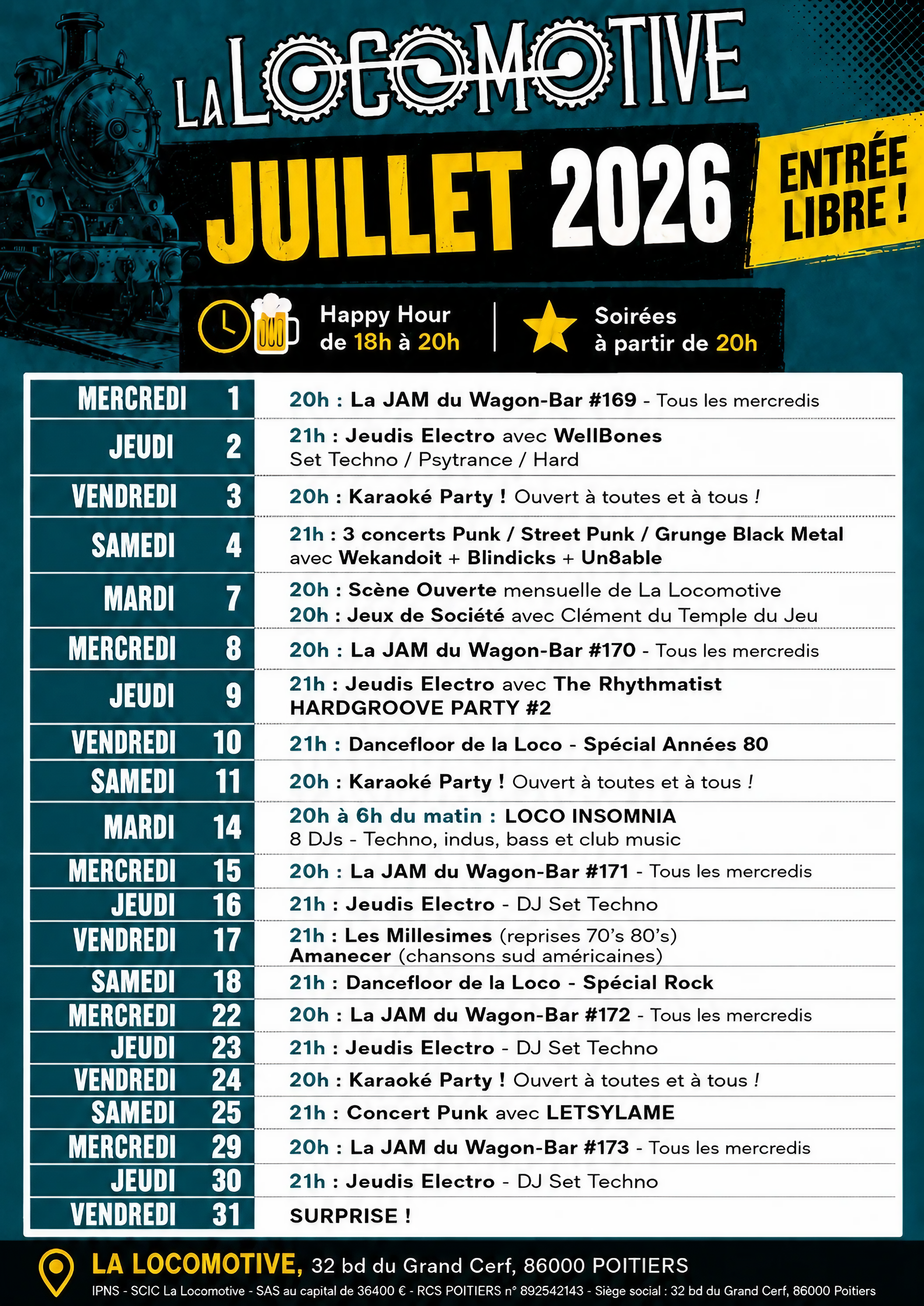 Programme des événements de La Locomotive en juillet 2026